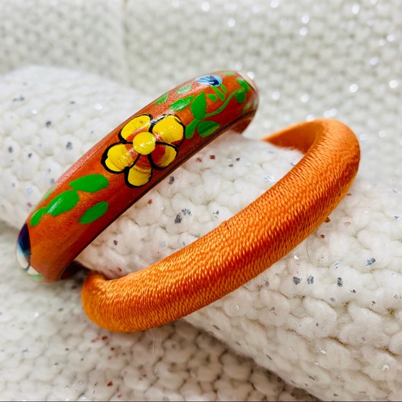 Jewelry - Vintage Floral Painted Orange Wooden Bracelet
